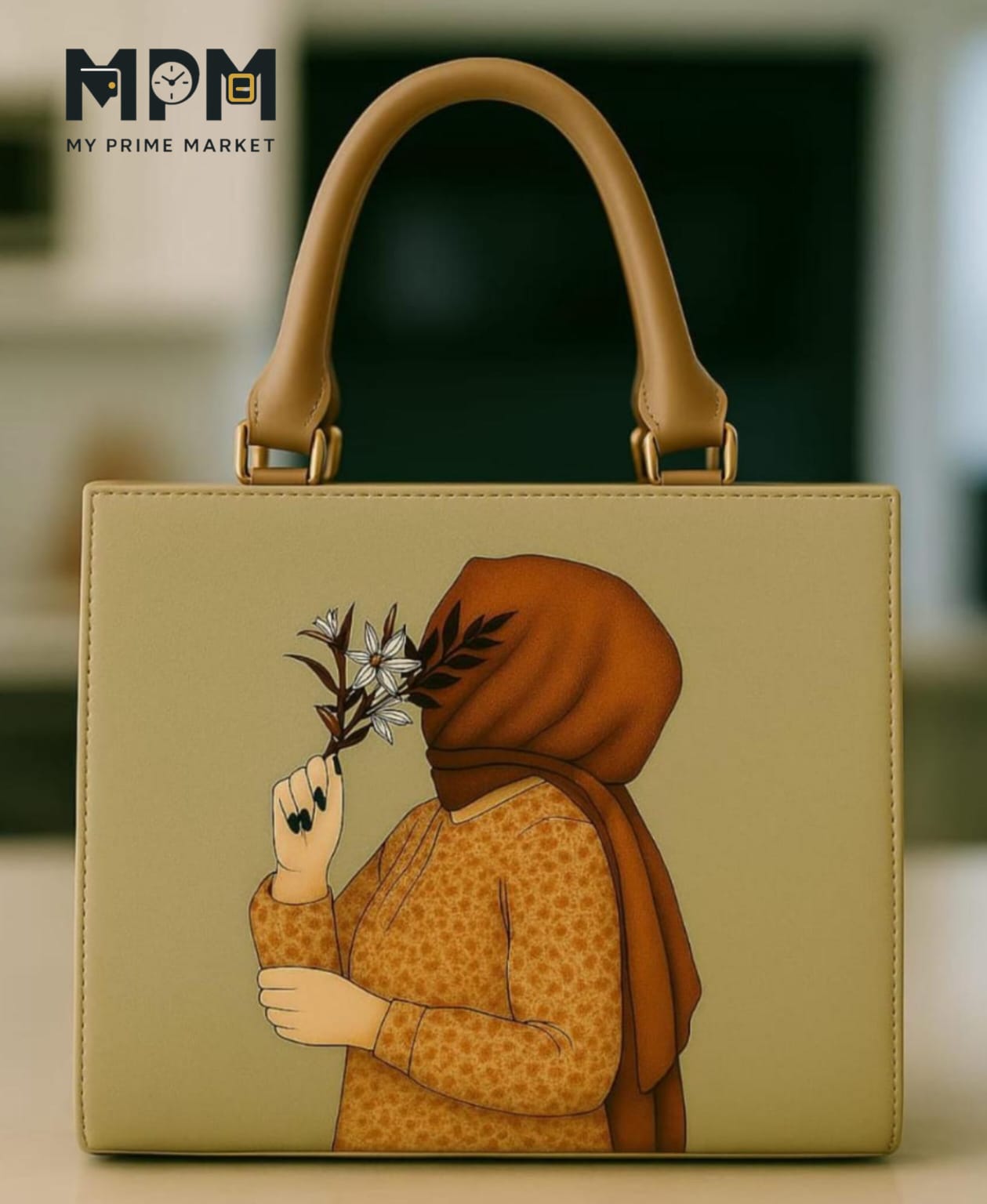 Beige handbag with an illustration of a person wearing a hijab and holding flowers, branded 'My Prime Market'.