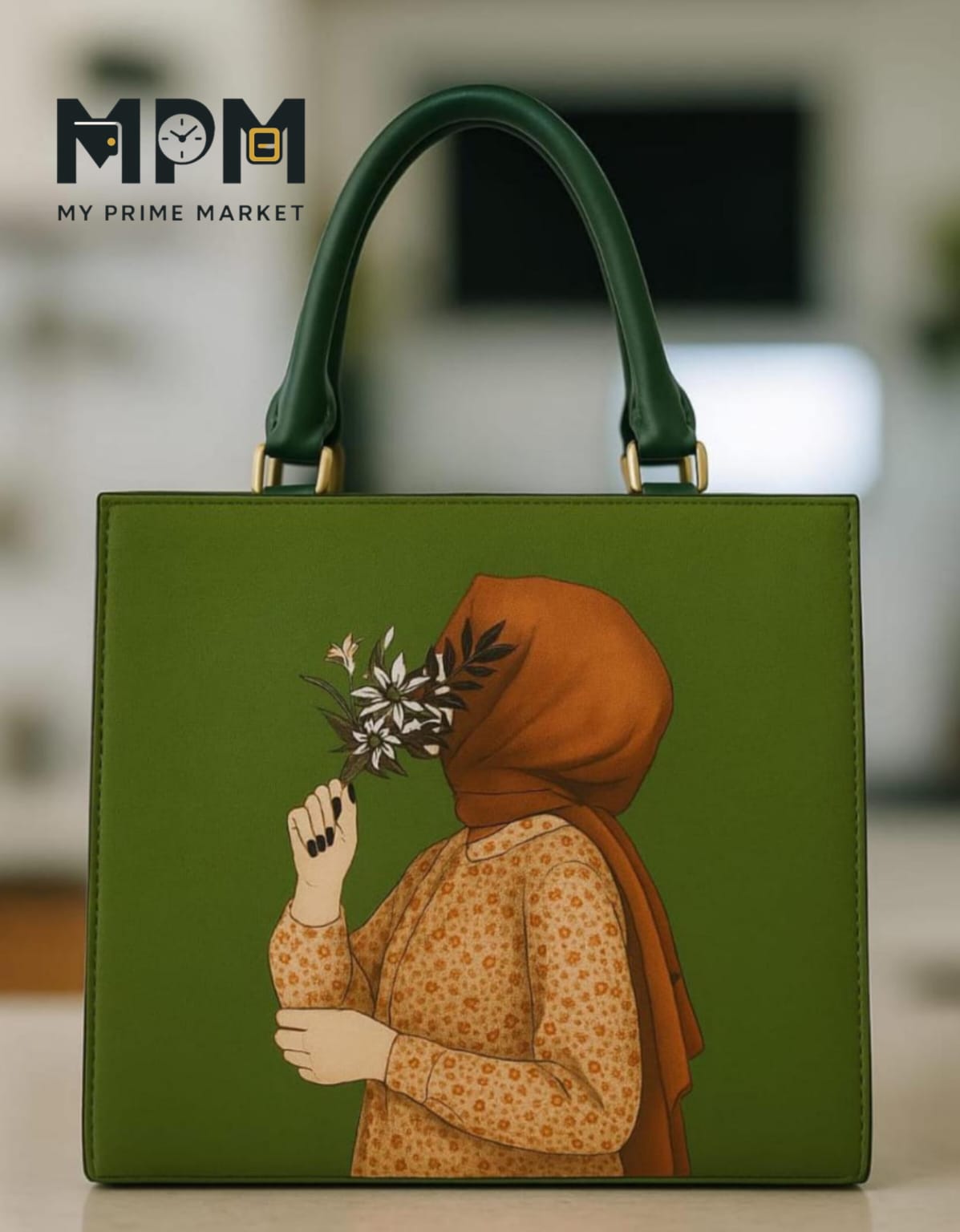 Green handbag with an illustration of a person wearing a hijab holding flowers, branded 'My Prime Market'.