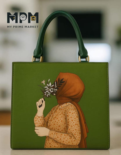 Green handbag with an illustration of a person wearing a hijab holding flowers, branded 'My Prime Market'.